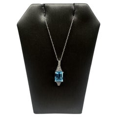 Blue Topaz & Diamond Art Deco Necklace in 10kt White Gold 8 by 6mm Topaz 0.08ctw