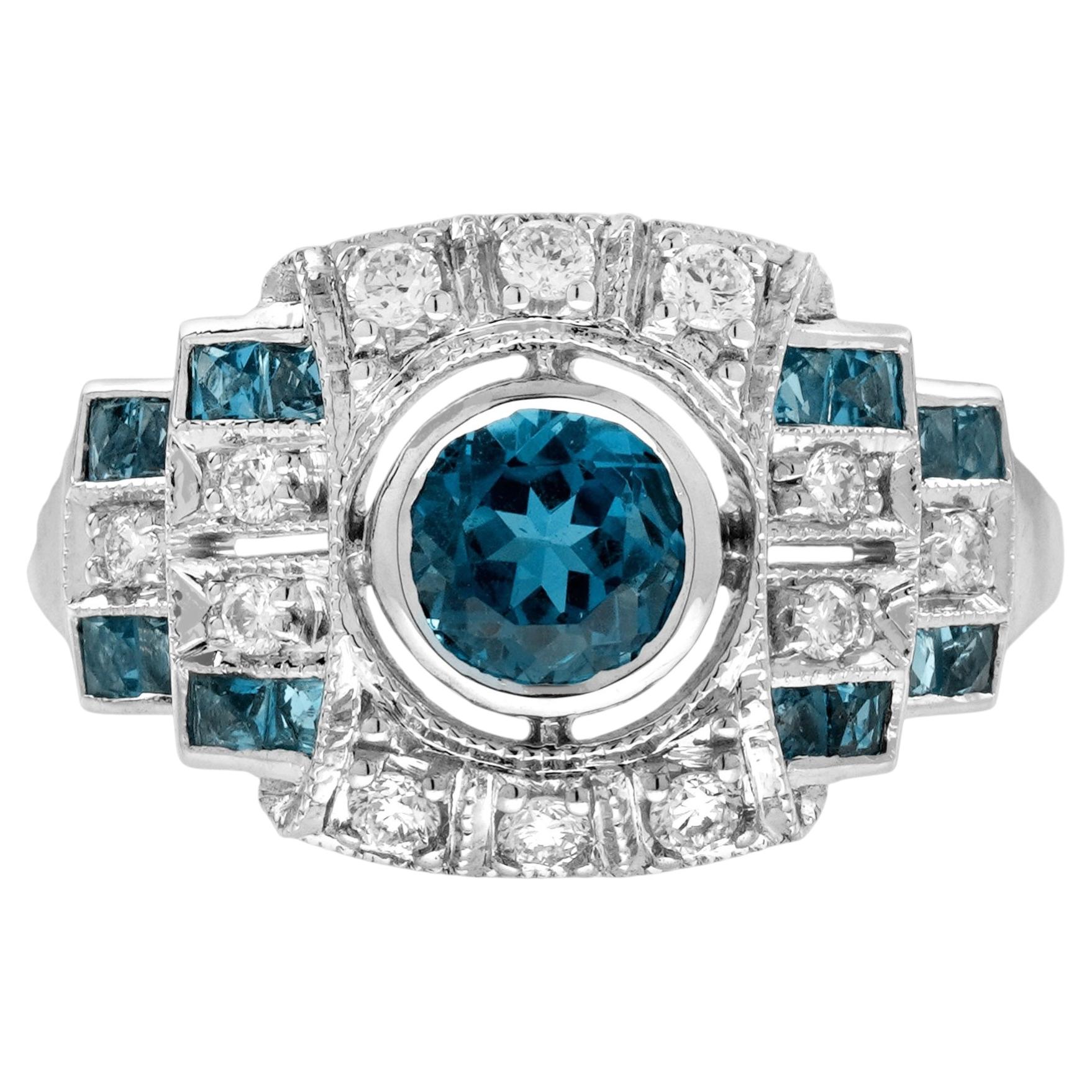 Blue Topaz Diamond Art Deco Style Geometric Engagement Ring in 14K White Gold