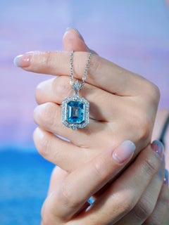 Blue Topaz Diamond Art Deco Style Octagonal Halo Pendant in 14K White Gold