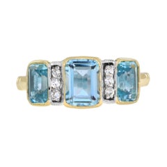 Blue Topaz & Diamond Art Deco Style Three Stone 14K Yellow Gold Ring