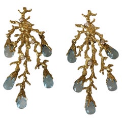 Blue Topaz & Diamond Branch Earrings, Made in France