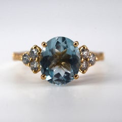 Blue Topaz Diamond Cocktail Ring in 18K Yellow Gold – Handcrafted Oval Gemstone