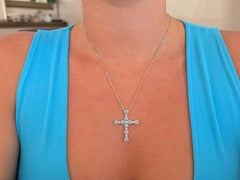 Blue Topaz Diamond Cross Necklace Solid 14k White Gold