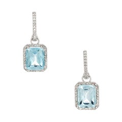 Blue Topaz Diamond Drop Earrings 14 Karat Gold Estate Fine Jewelry Small Hoops