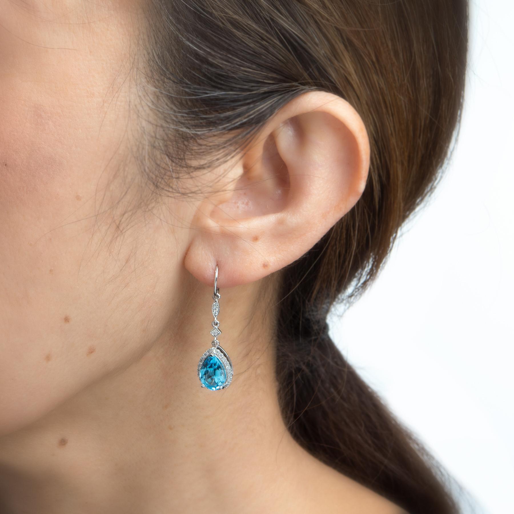 Modern Blue Topaz Diamond Drop Earrings Estate 14k White Gold Pear Cut Fine Jewelry