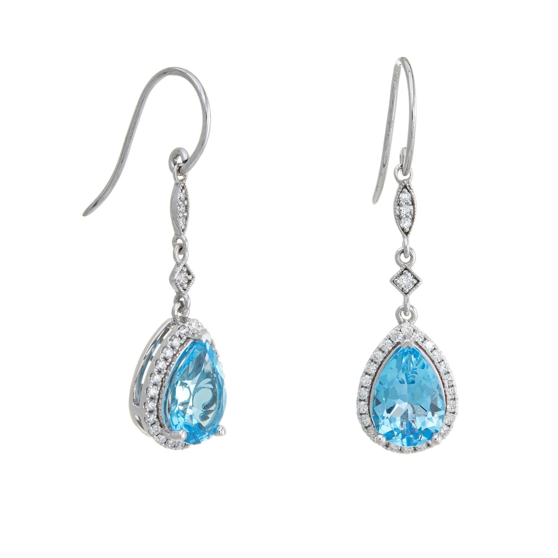 Blue Topaz Diamond Drop Earrings Estate 14k White Gold Pear Cut Fine Jewelry In Excellent Condition In Torrance, CA