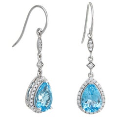 Blue Topaz Diamond Drop Earrings Estate 14 Karat Gold Pear Cut Fine Jewelry