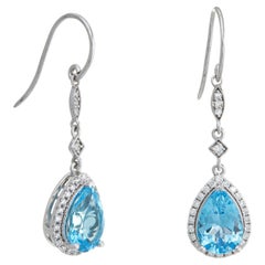 Blue Topaz Diamond Drop Earrings Estate 14k White Gold Pear Cut Fine Jewelry
