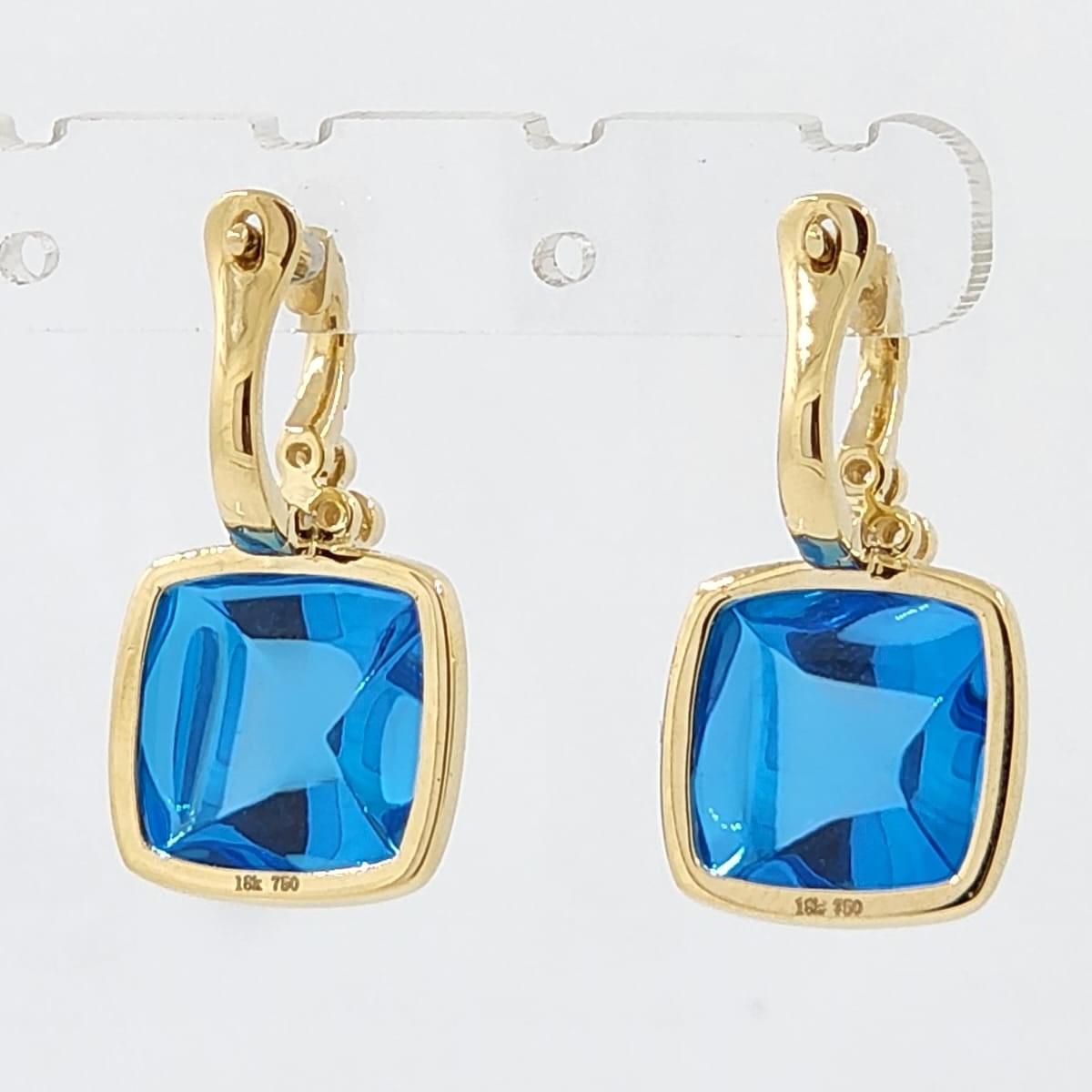 Sugarloaf Cabochon Blue Topaz Diamond Drop Earrings in 18 Karat Yellow Gold