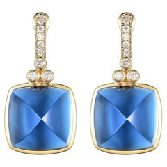 Blue Topaz Diamond Drop Earrings in 18 Karat Yellow Gold