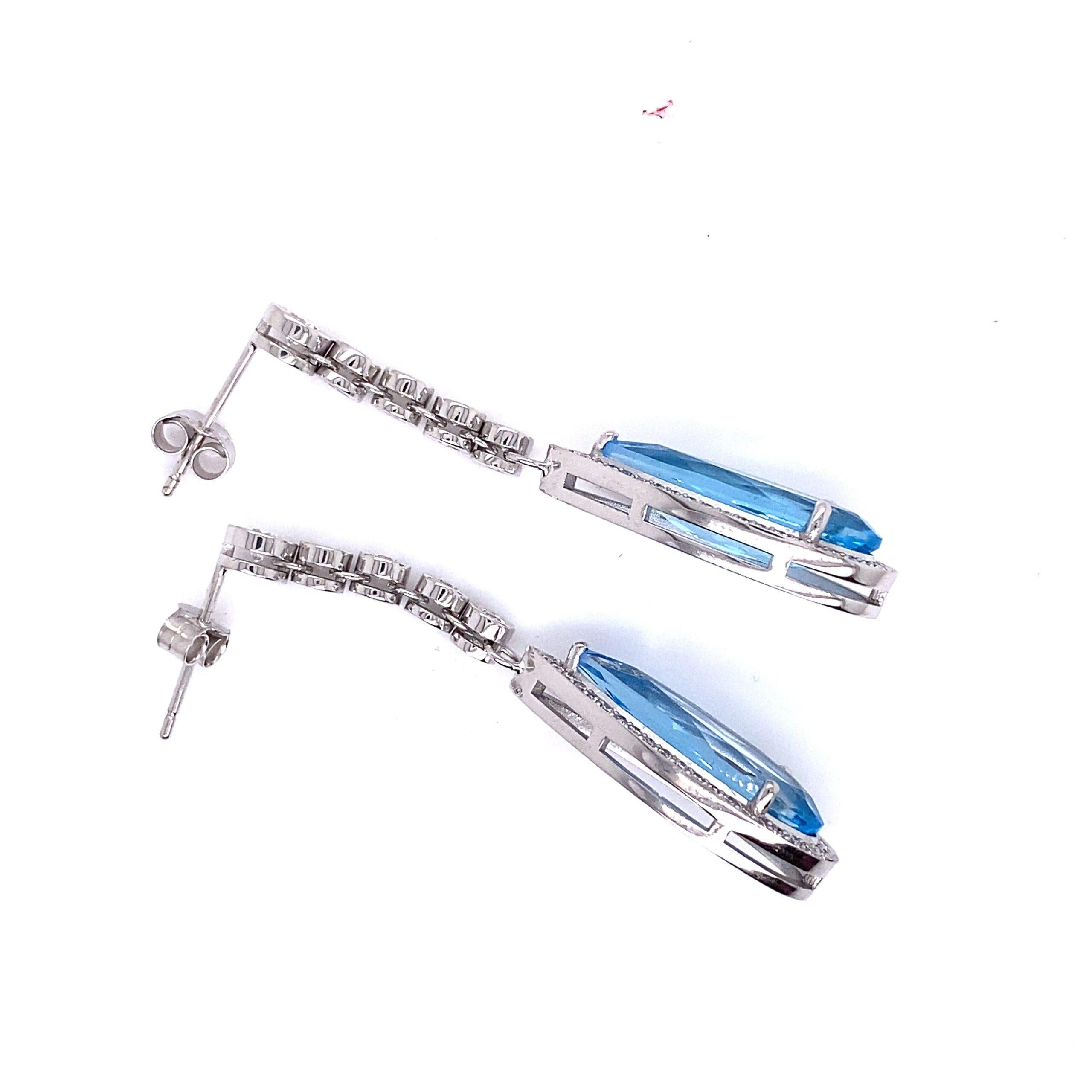 Pear Cut Blue Topaz + Diamond Drop Earrings Set with 2.10ct of F/VS Diamonds For Sale
