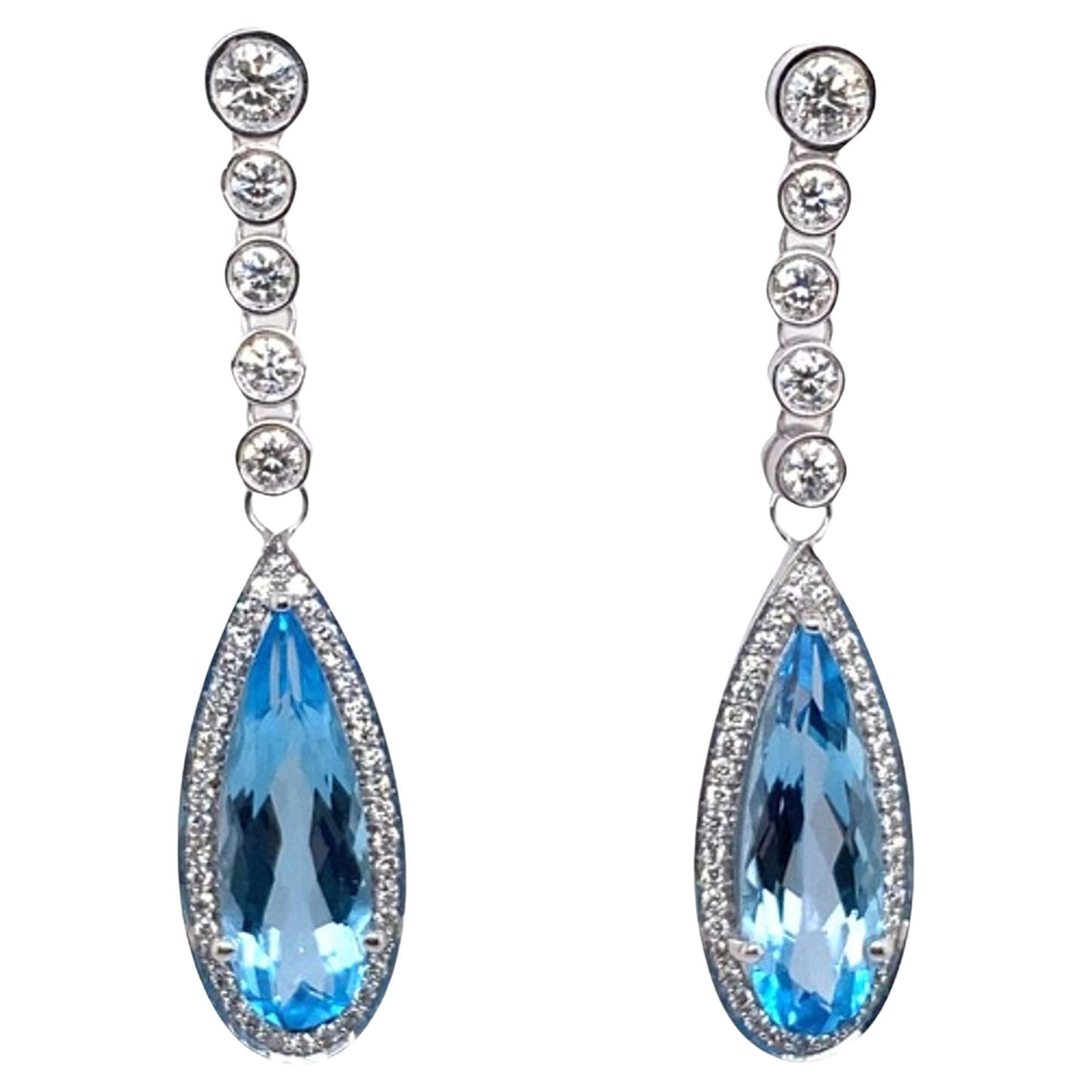 Blue Topaz + Diamond Drop Earrings Set with 2.10ct of F/VS Diamonds For Sale