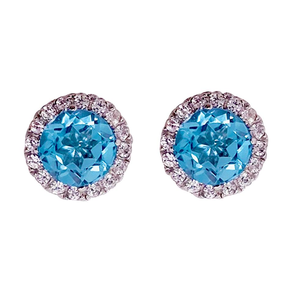 Boucles d'oreilles en topaze bleue, diamant, halo de diamants et clous d'oreilles en topaze bleue suisse