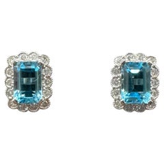 Blue Topaz Diamond Earrings 10K White Gold Emerald Cut 6x4.1mm
