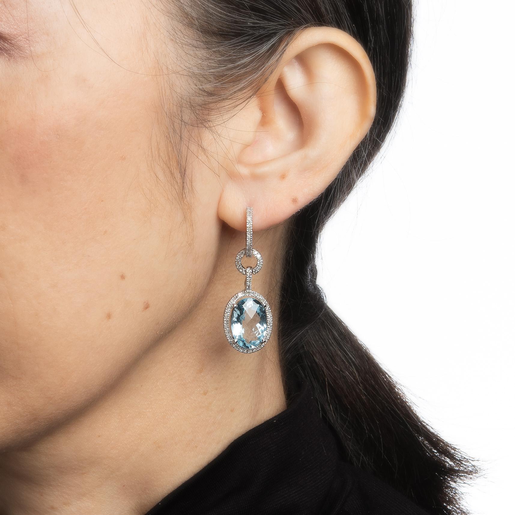Modern Blue Topaz Diamond Earrings Oval Drops Estate Fine Jewelry Vintage