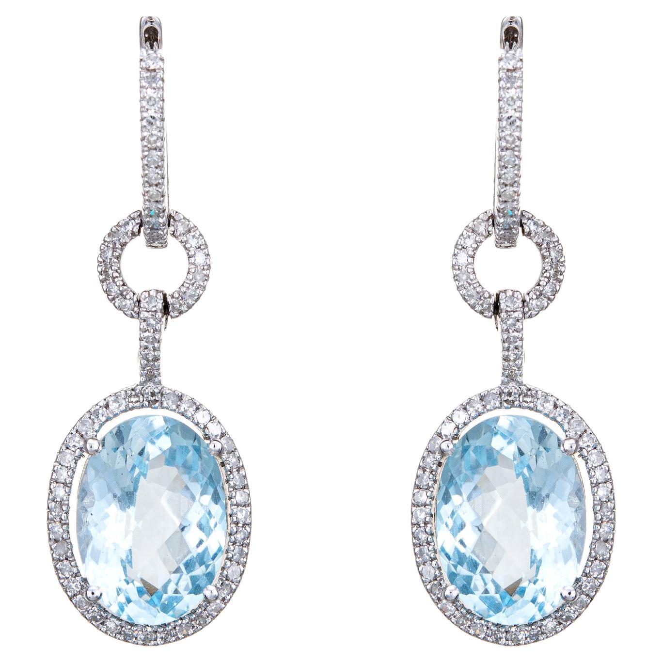 Cushion Blue Topaz and Diamond Gold Drop Earrings Estate Fine Jewelry
