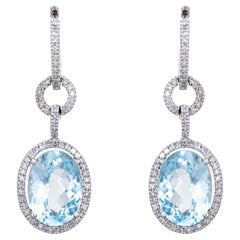 Blue Topaz Diamond Earrings Oval Drops Estate Fine Jewelry Vintage