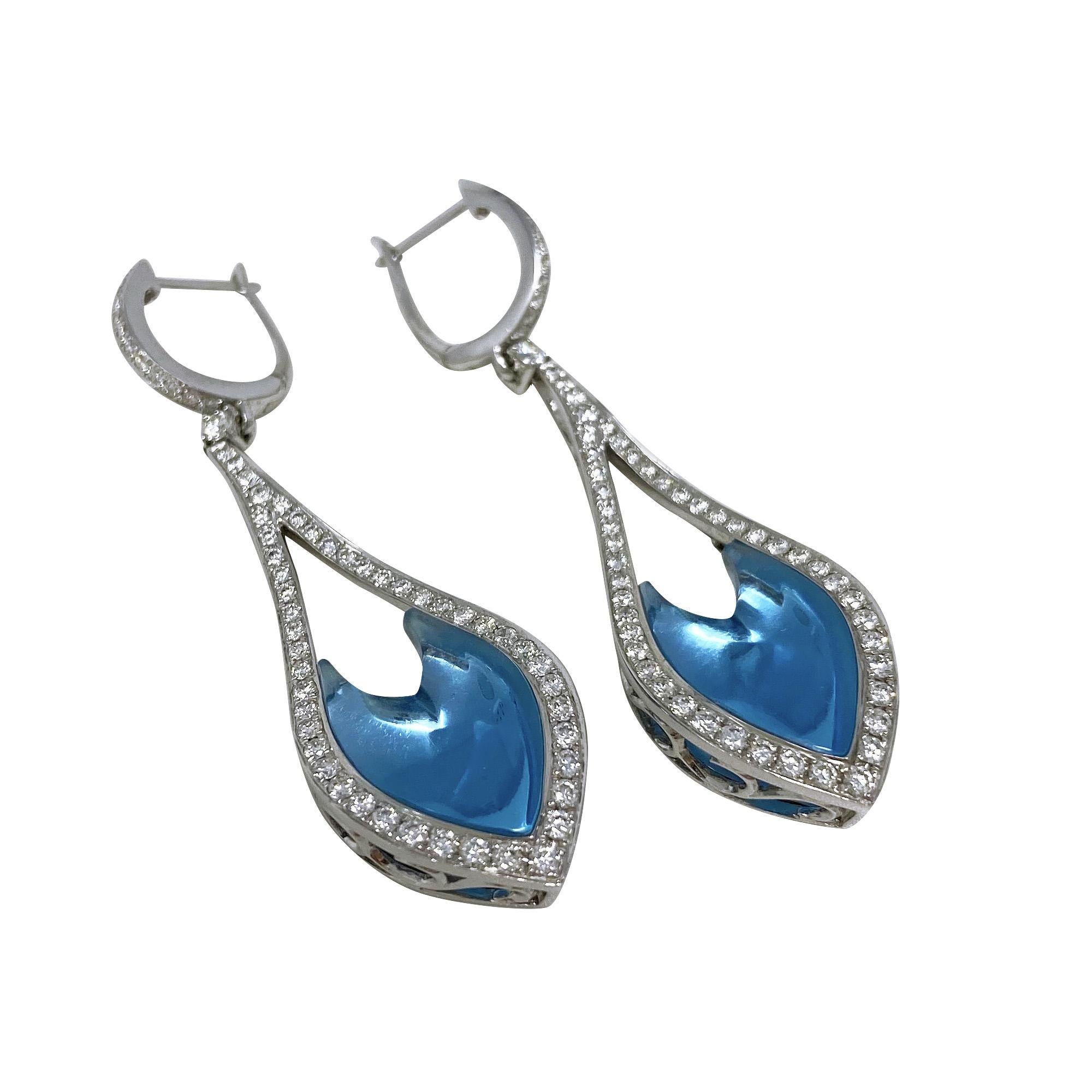 Unique and scintillating blue topaz and diamond earrings.  These fantasy cut blue topaz are sure to turn heads!  The blue topaz are accented with approximately 1.35 carats of diamonds, and are set in 14 karat white gold.