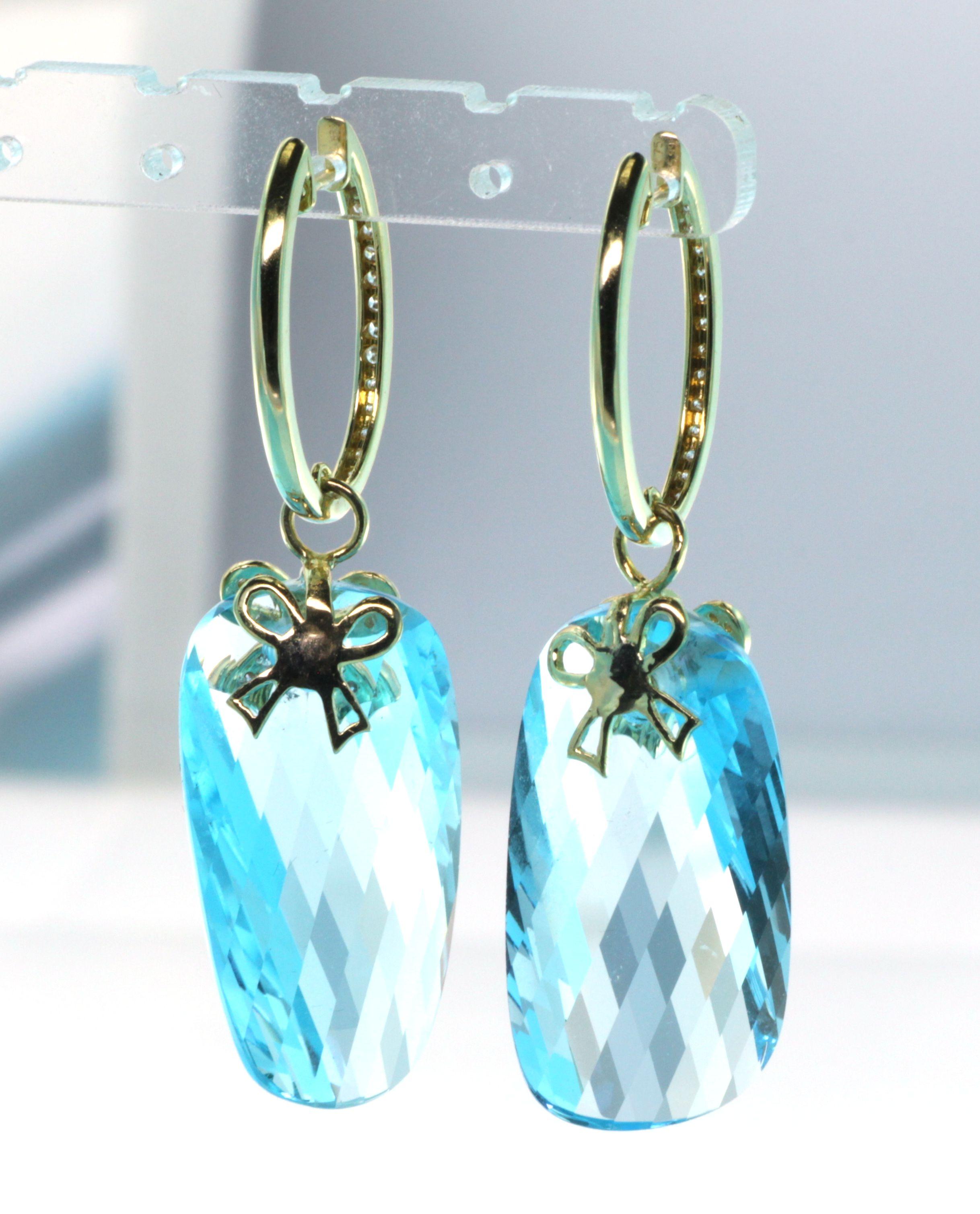 Contemporary Blue Topaz Diamond Earrings in 18 Karat Yellow Gold