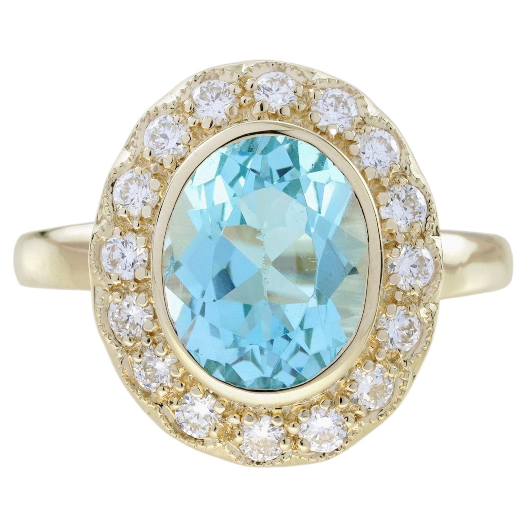 Blue Topaz Diamond Engagement Halo Ring in 14K Yellow Gold