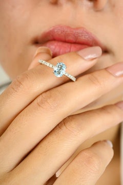 Blue Topaz Diamond Engagement Ring in 14k Solid White Gold Perfect Gift for Mom
