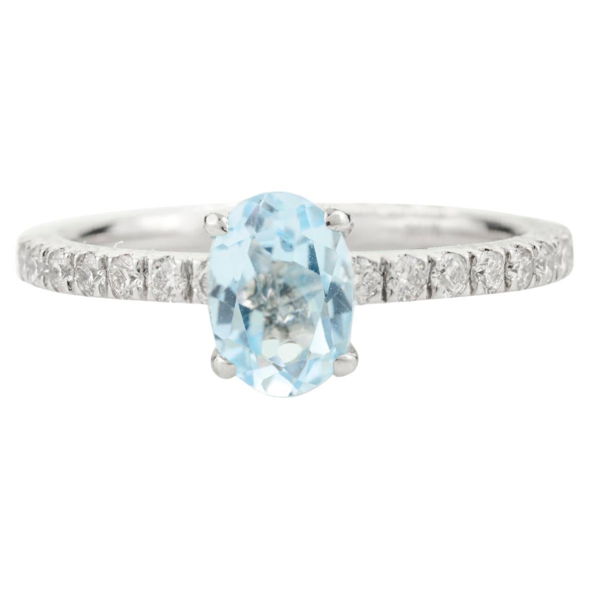 Blue Topaz Diamond Engagement Ring in 14k Solid White Gold Perfect Gift for Mom