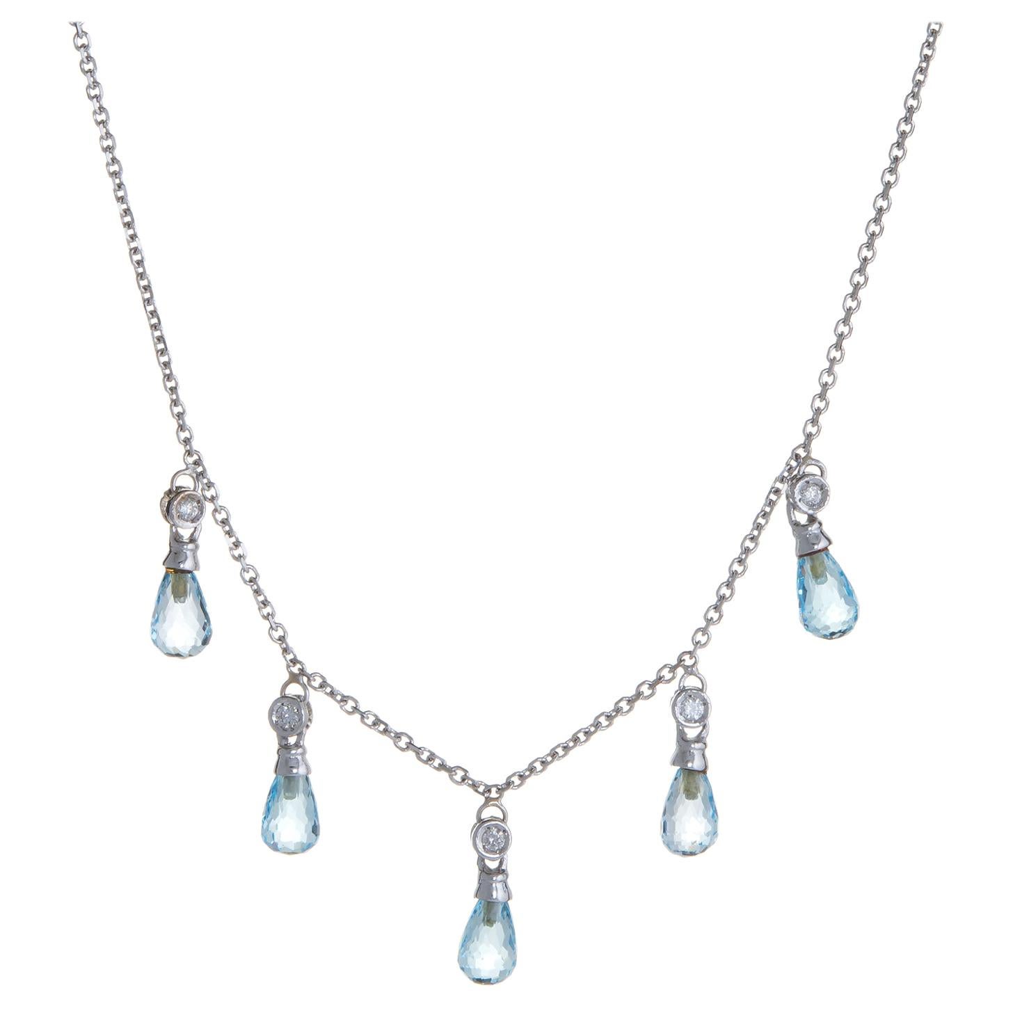 Blue Topaz Diamond Fringe Necklace 14 Karat Gold Briolette Cut Estate Jewelry For Sale