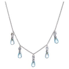 Blue Topaz Diamond Fringe Necklace 14 Karat Gold Briolette Cut Estate Jewelry