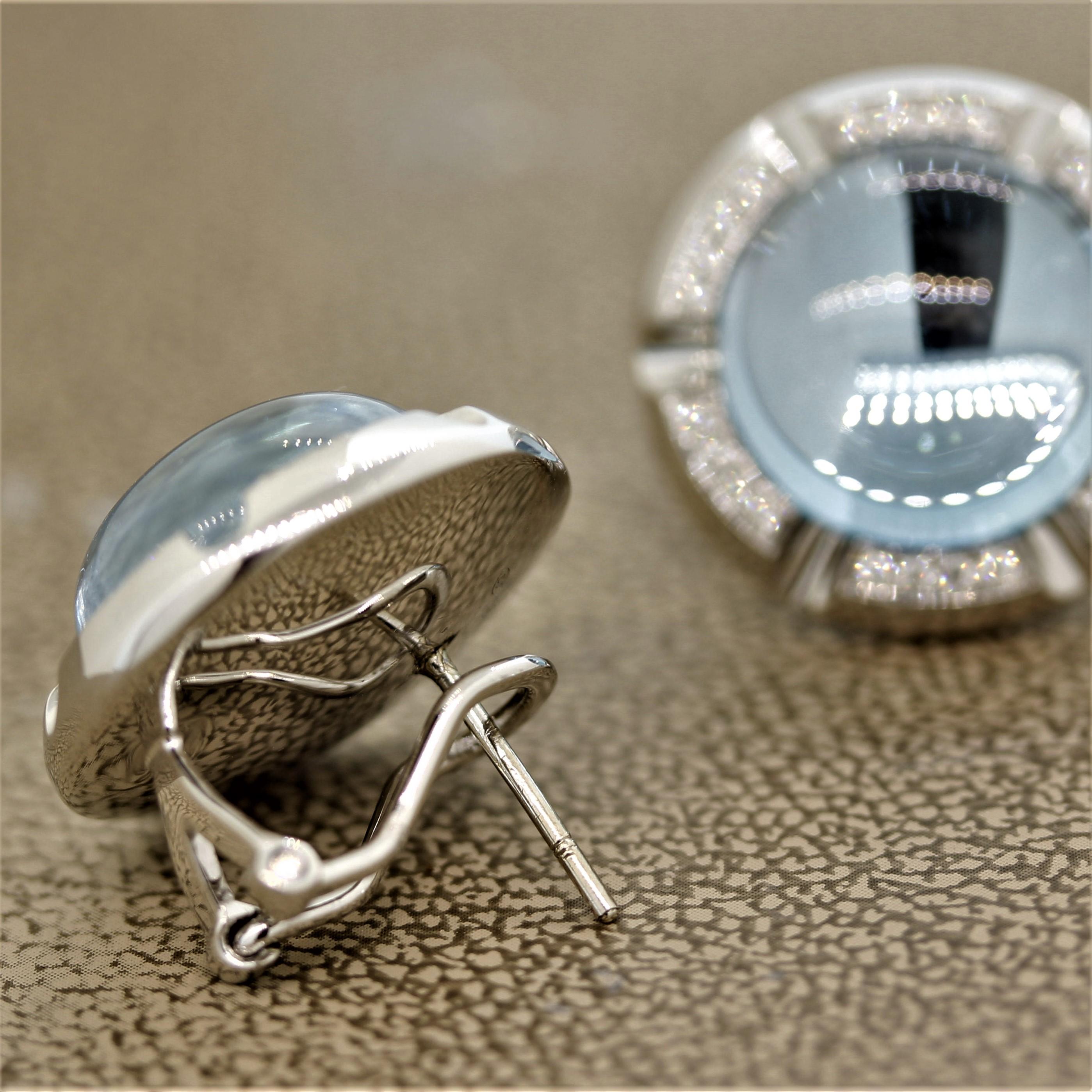 Cabochon Blue Topaz Diamond Gold Button Earrings