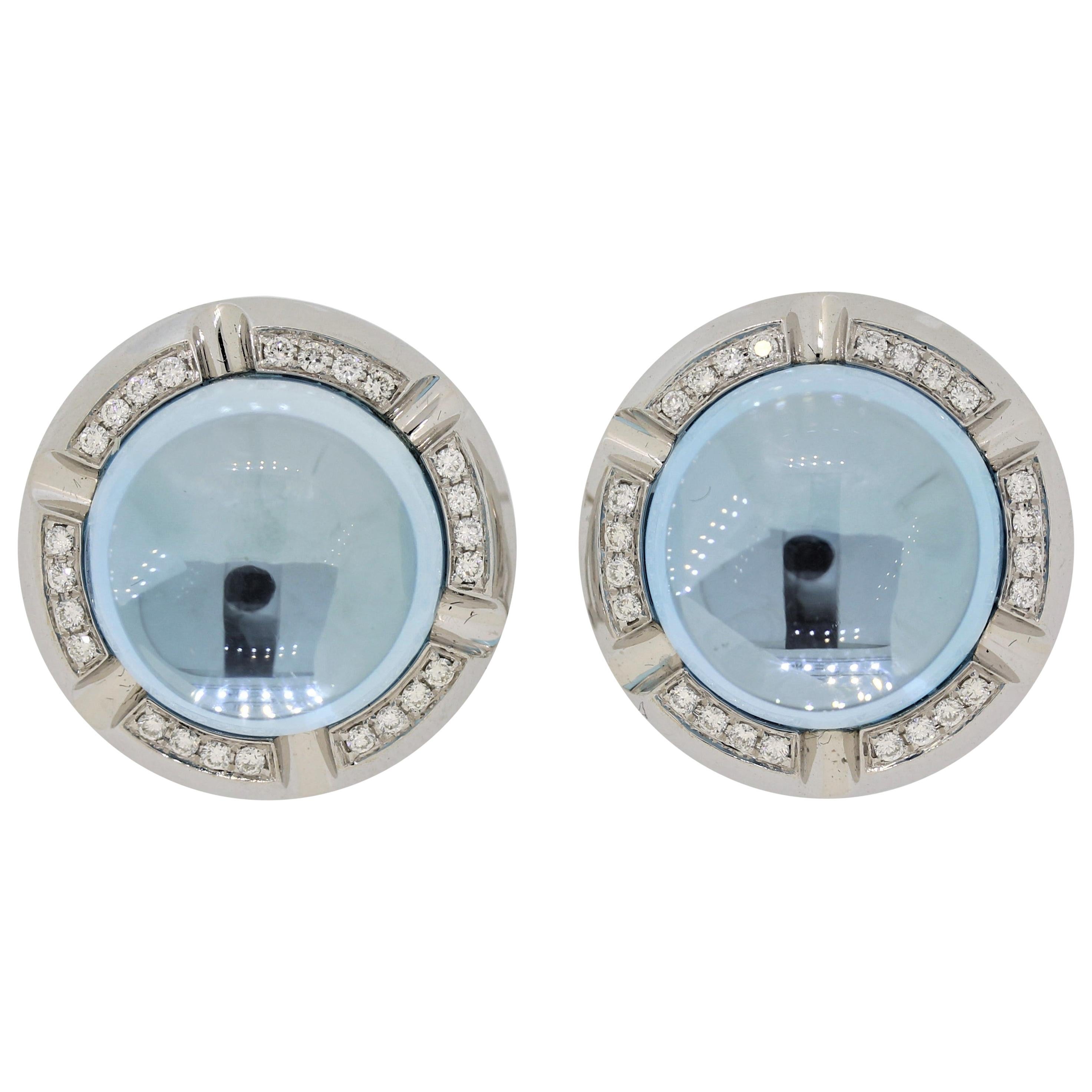 Blue Topaz Diamond Gold Button Earrings For Sale