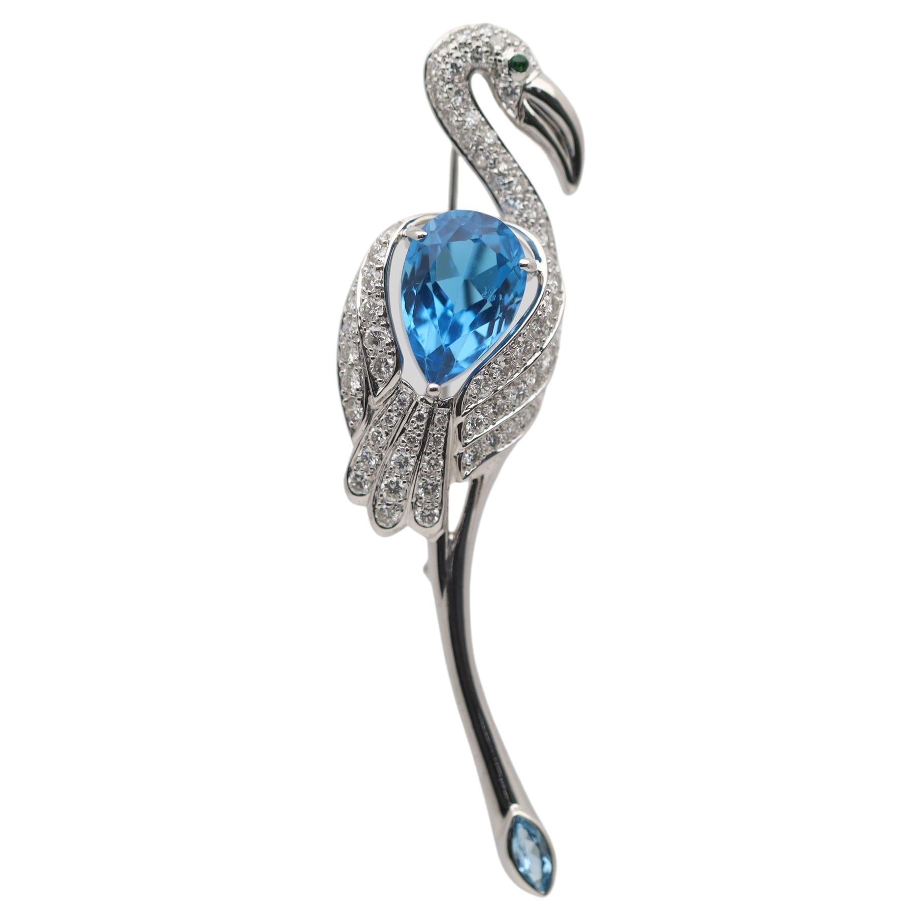 Blue Topaz Diamond Gold Flamingo Brooch Pin For Sale