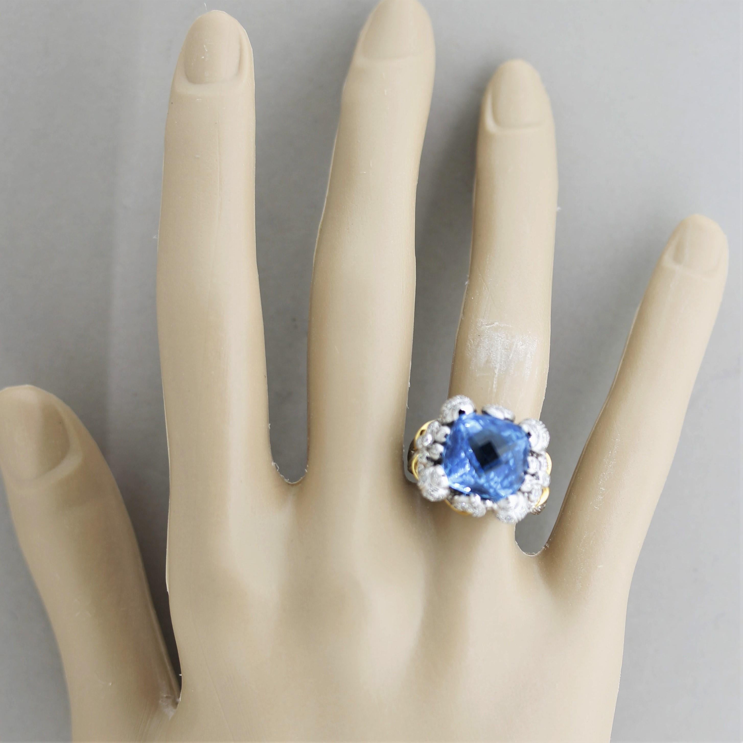 Blue Topaz Diamond Gold Foliage Ring For Sale 5