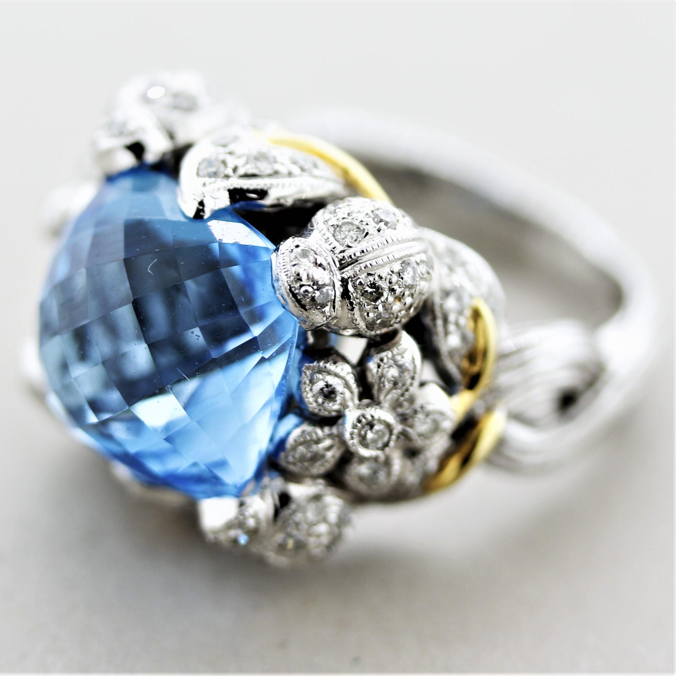 Mixed Cut Blue Topaz Diamond Gold Foliage Ring For Sale
