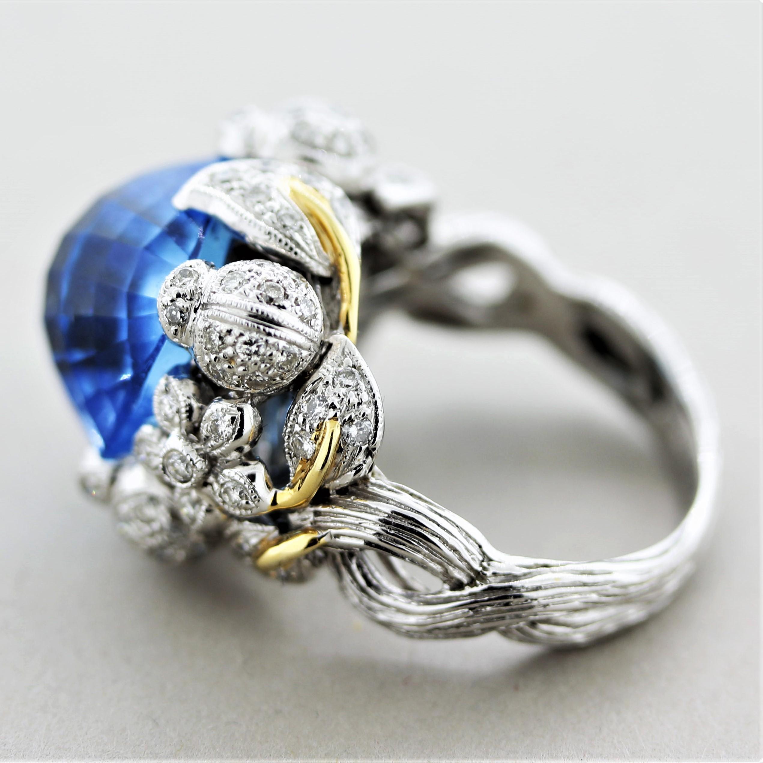 Blue Topaz Diamond Gold Foliage Ring In New Condition For Sale In Beverly Hills, CA