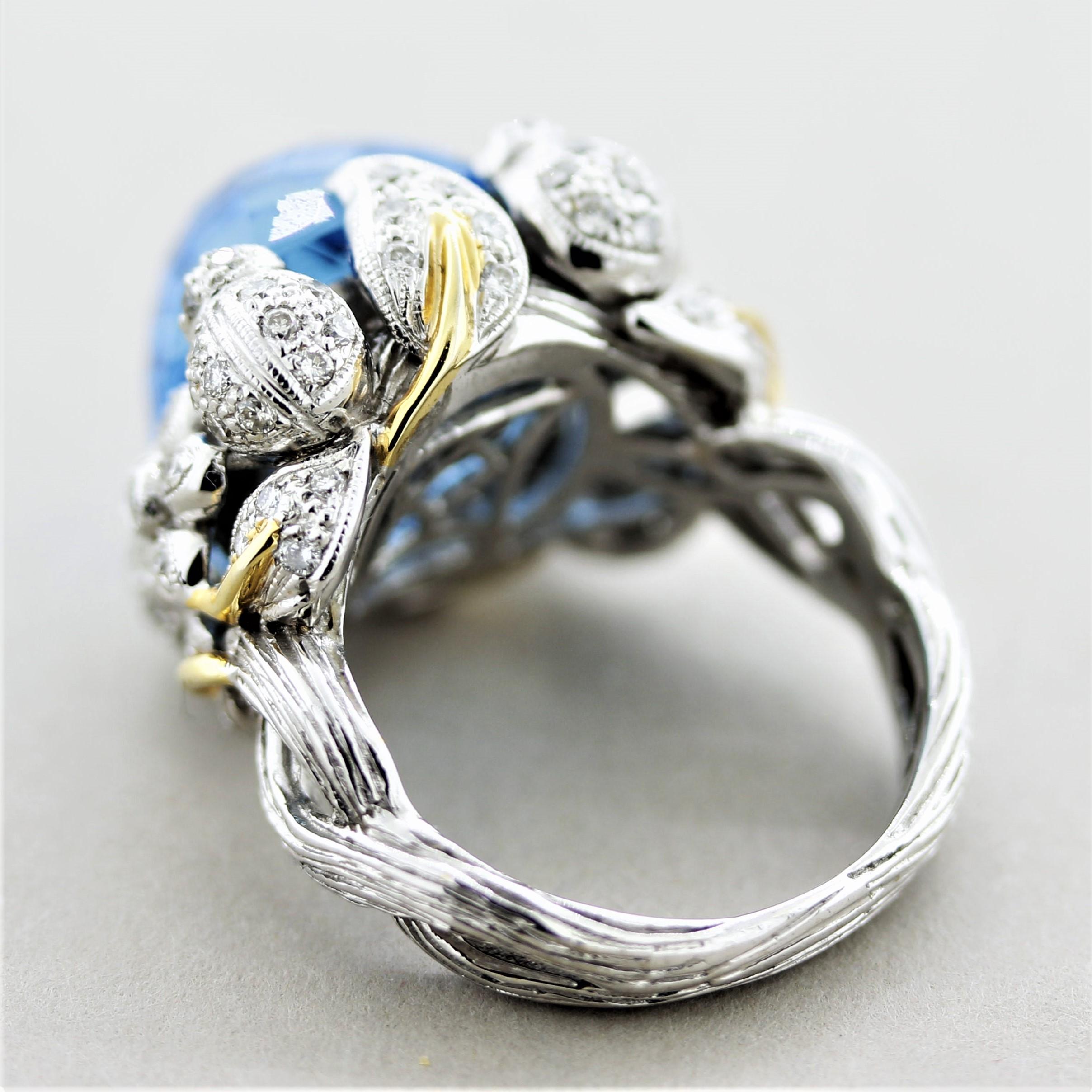 Women's Blue Topaz Diamond Gold Foliage Ring For Sale