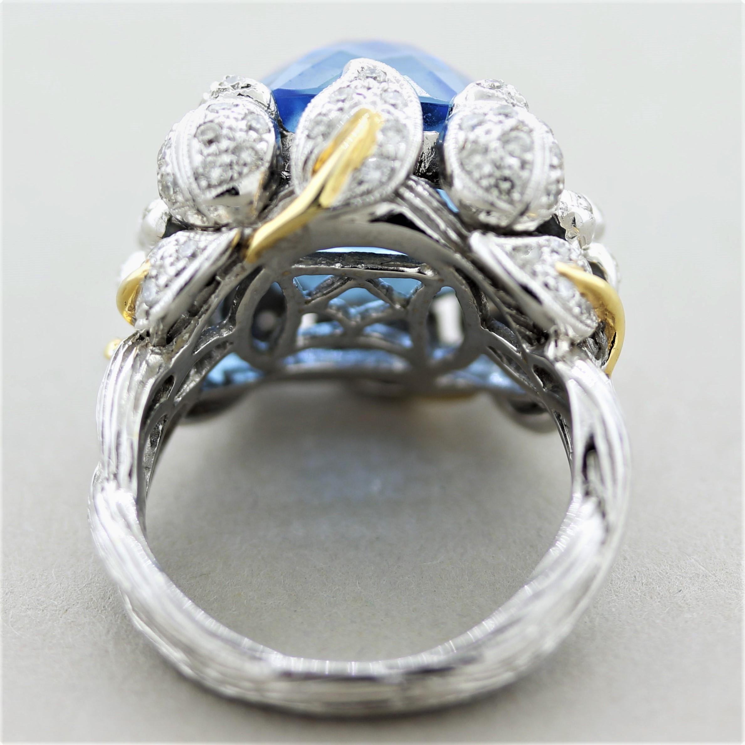 Blue Topaz Diamond Gold Foliage Ring For Sale 1