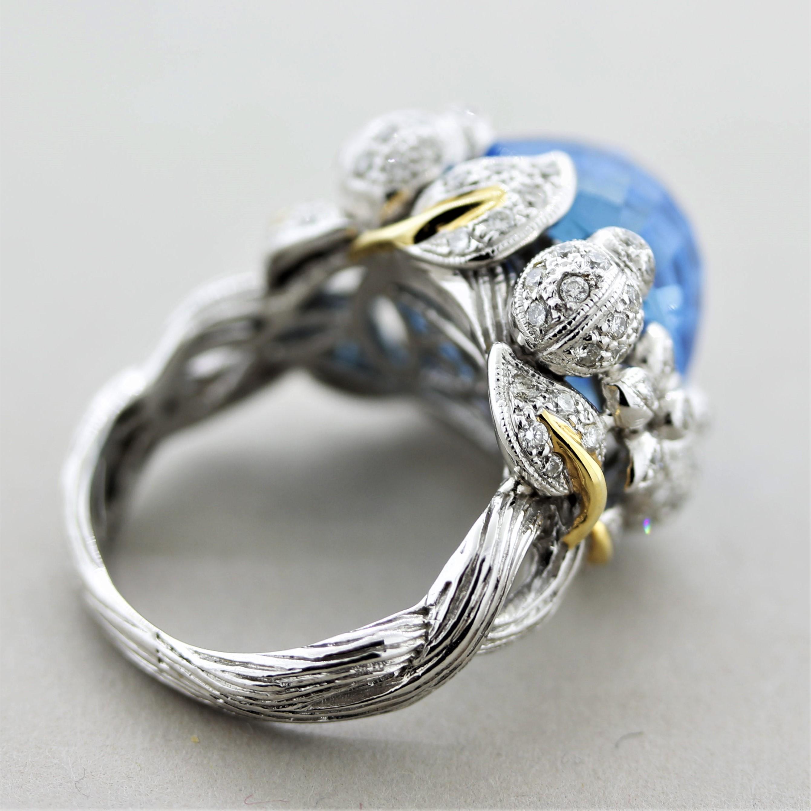 Blue Topaz Diamond Gold Foliage Ring For Sale 2