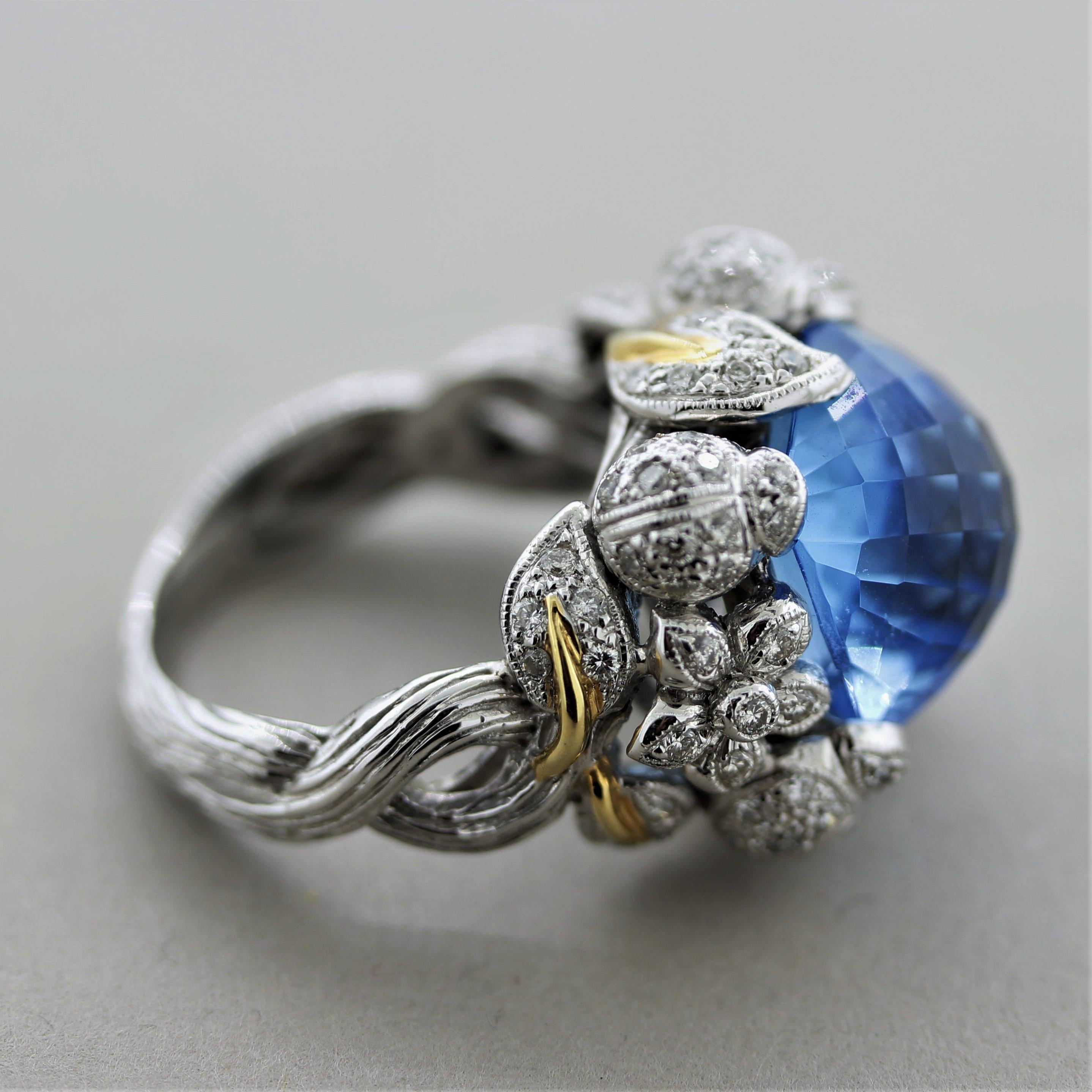 Blue Topaz Diamond Gold Foliage Ring For Sale 3