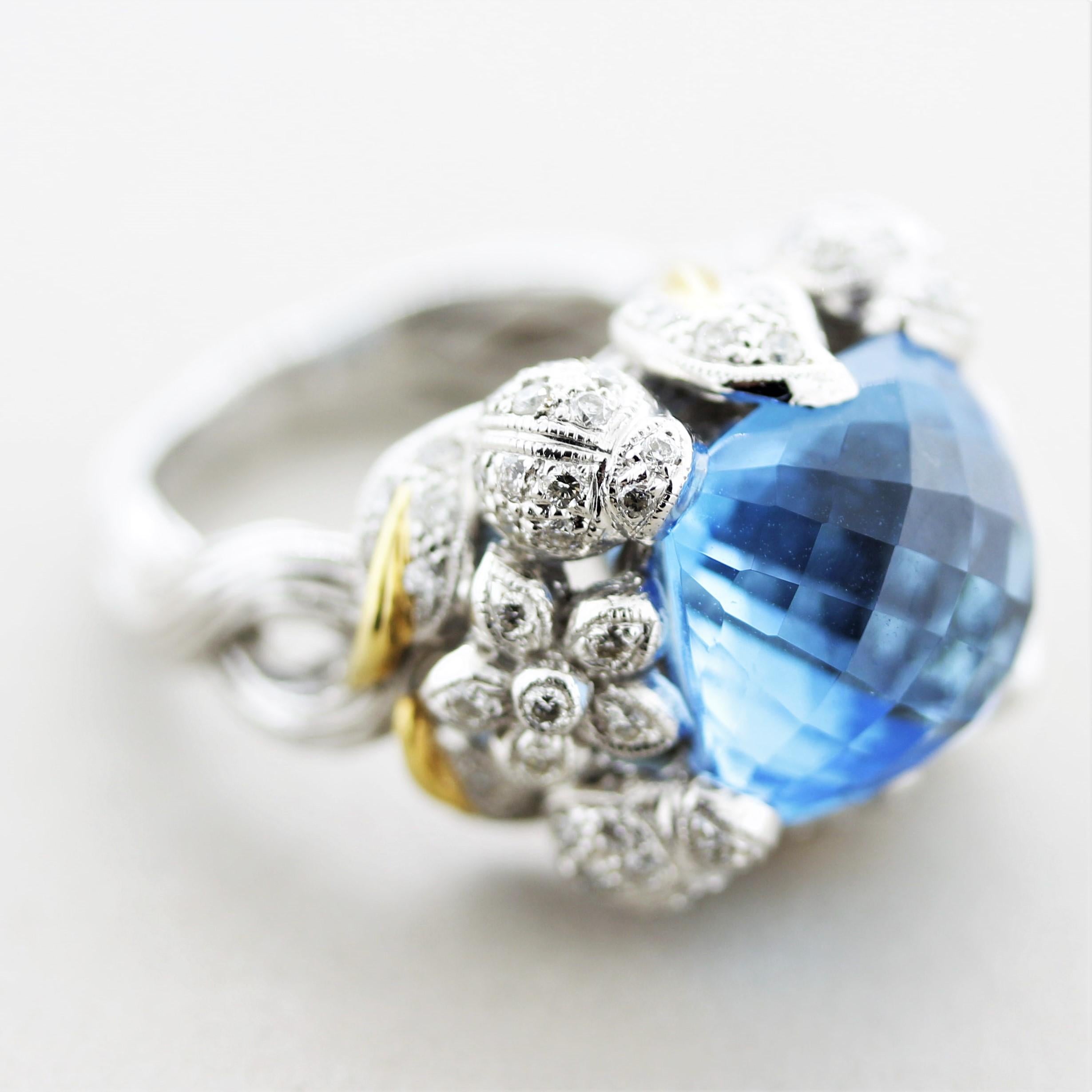 Blue Topaz Diamond Gold Foliage Ring For Sale 4