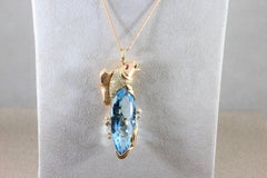 Blue Topaz Diamond Gold Koi Fish Pendant Necklace