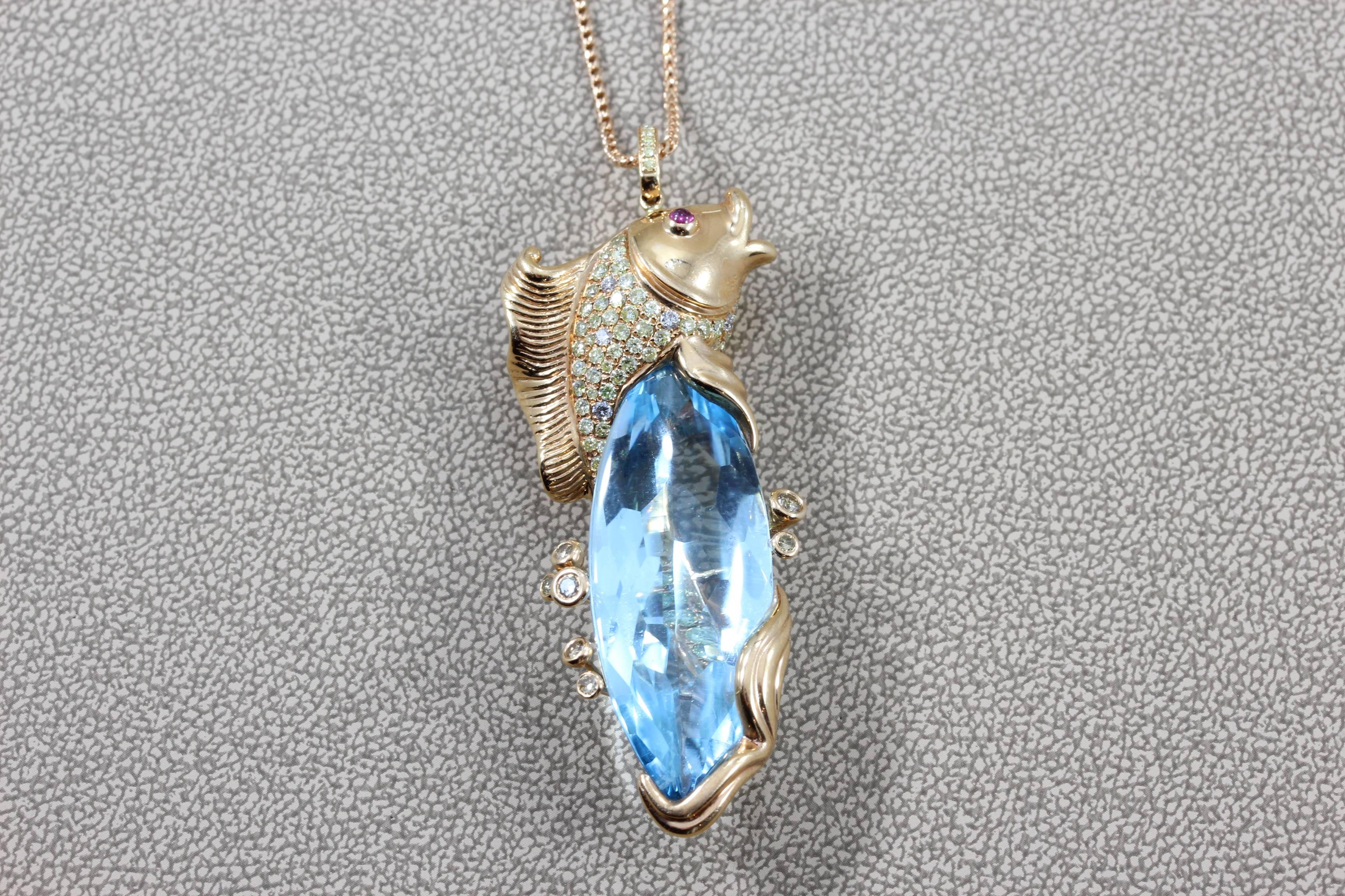 Modern Blue Topaz Diamond Gold Koi Fish Pendant Necklace For Sale