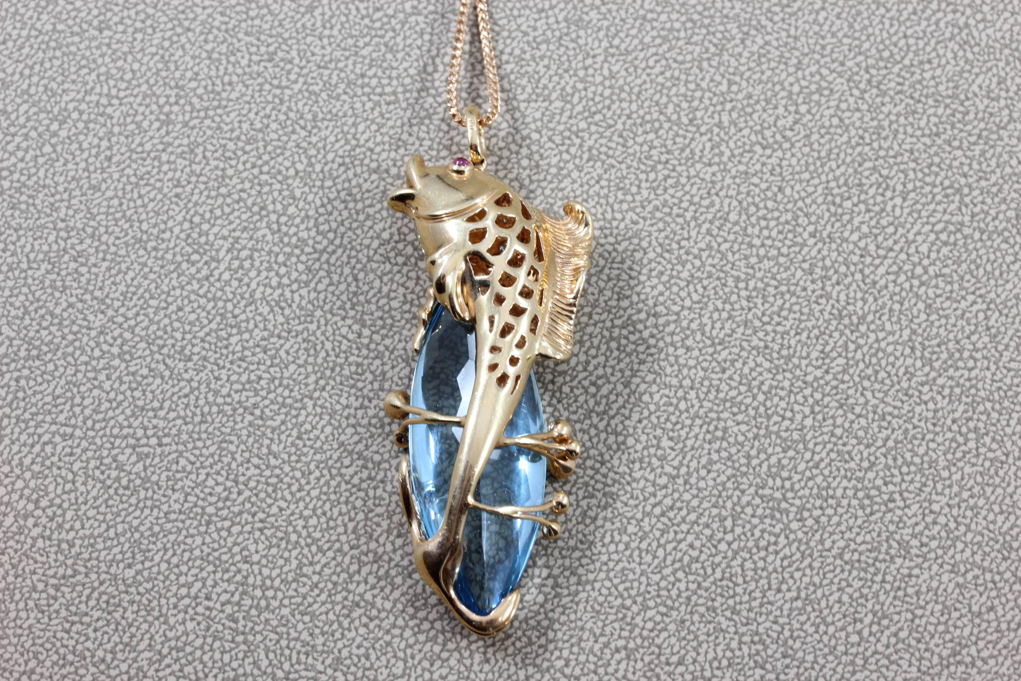 Marquise Cut Blue Topaz Diamond Gold Koi Fish Pendant Necklace For Sale