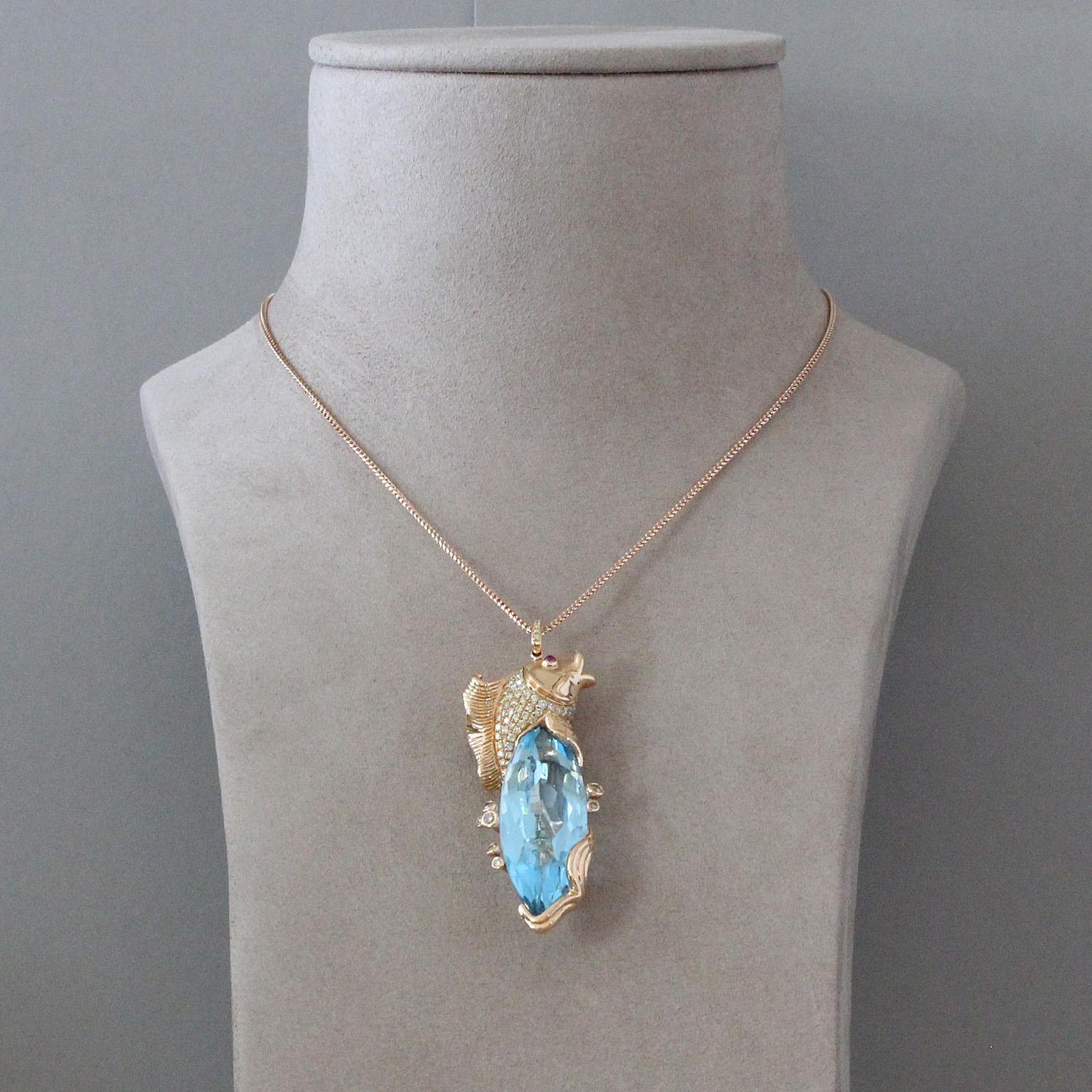 Blue Topaz Diamond Gold Koi Fish Pendant Necklace In New Condition For Sale In Beverly Hills, CA