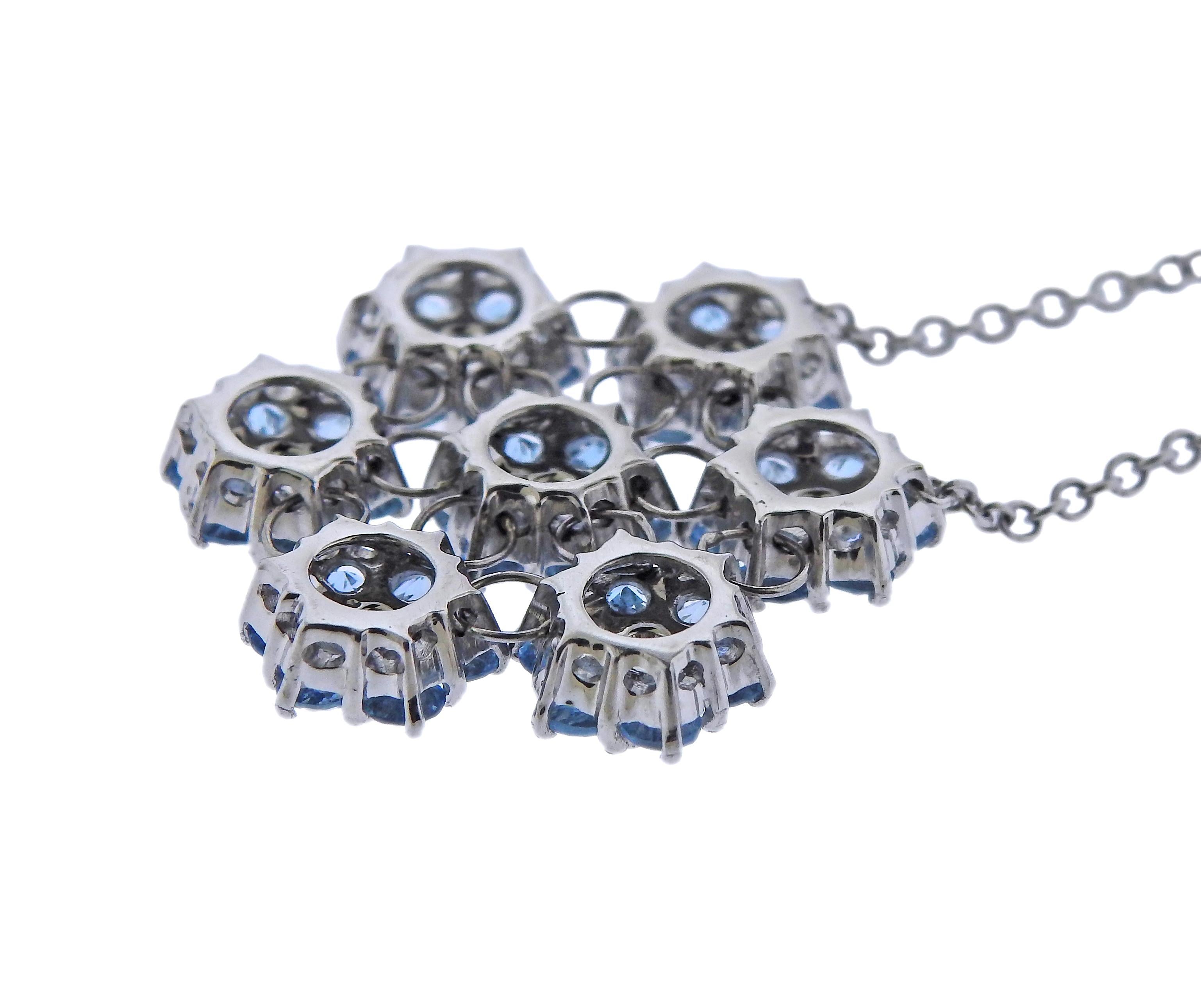 Round Cut Blue Topaz Diamond Gold Pendant Necklace For Sale