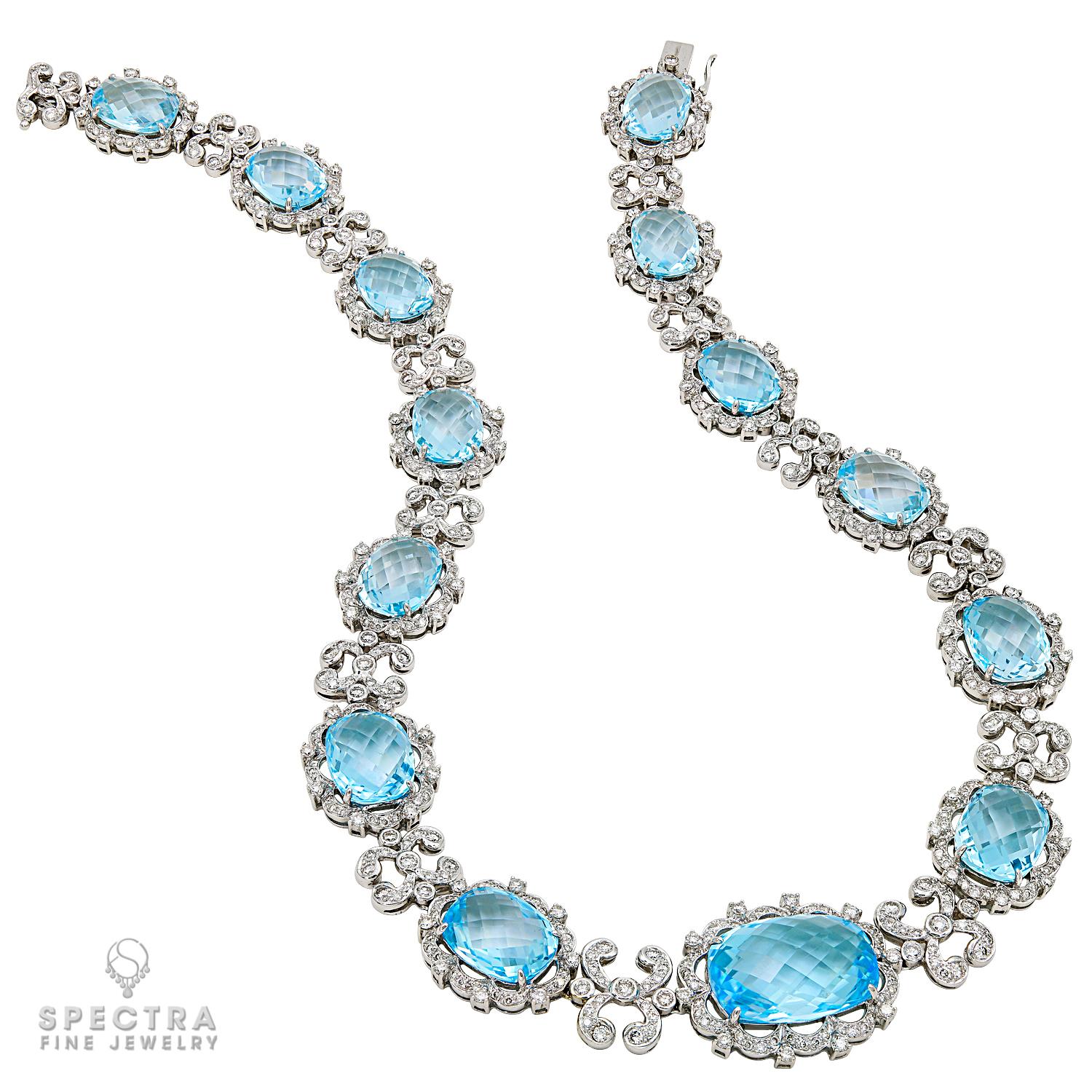 Contemporary Blue Topaz Diamond Graduated Necklace in 18kt White Gold For Sale