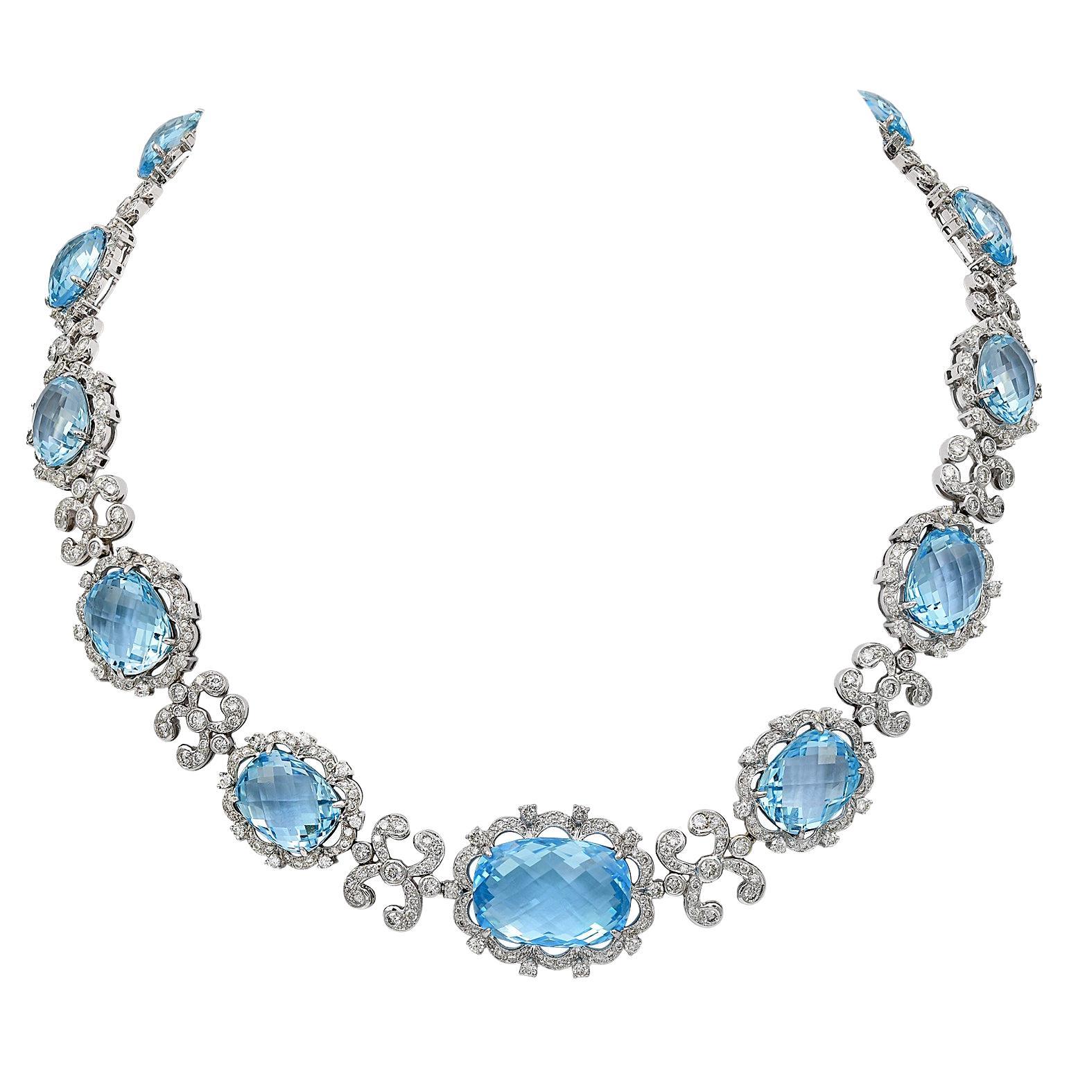 Blue Topaz Diamond Graduated Necklace in 18kt White Gold For Sale