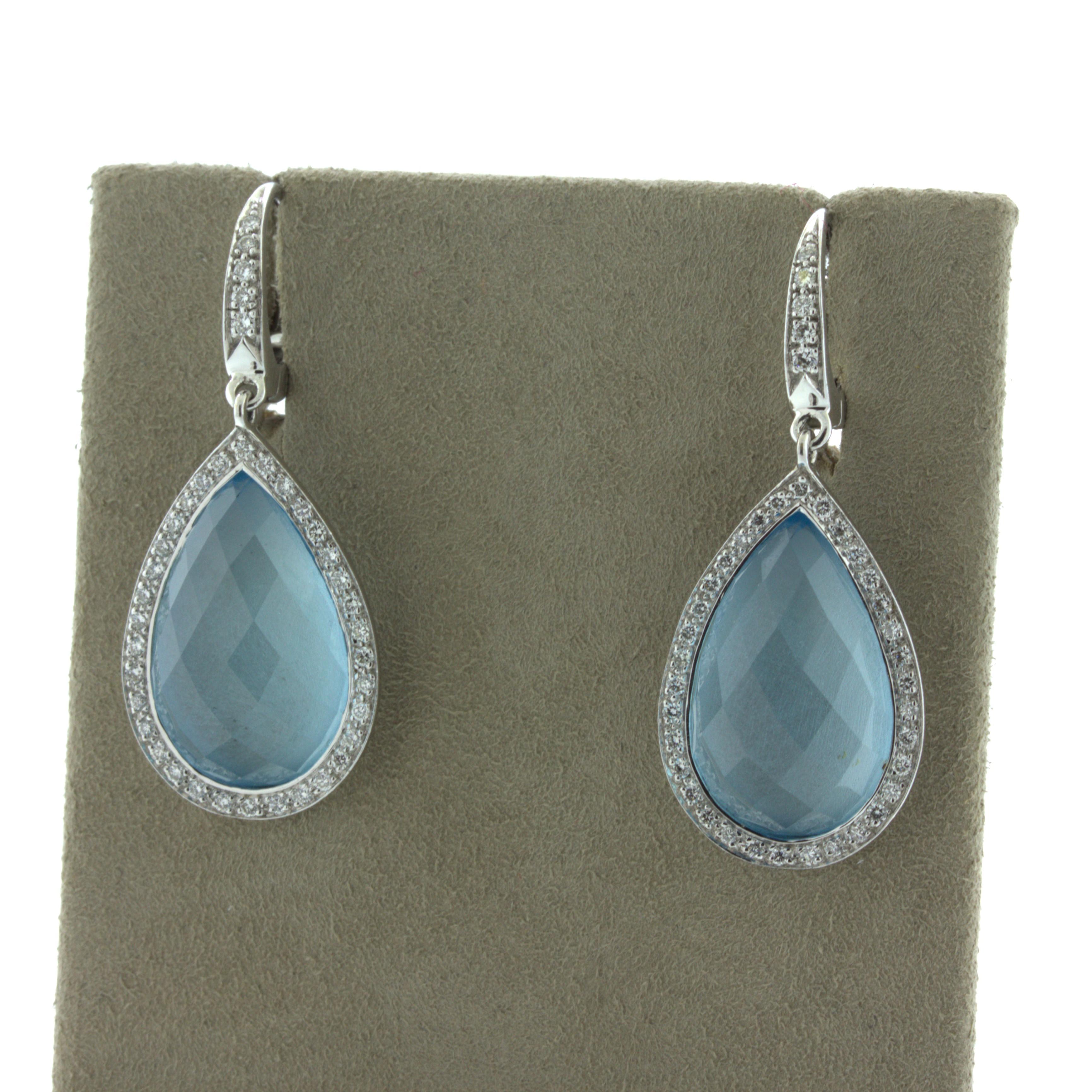 Rose Cut Blue Topaz Diamond Halo 18k White Gold Drop Earrings For Sale
