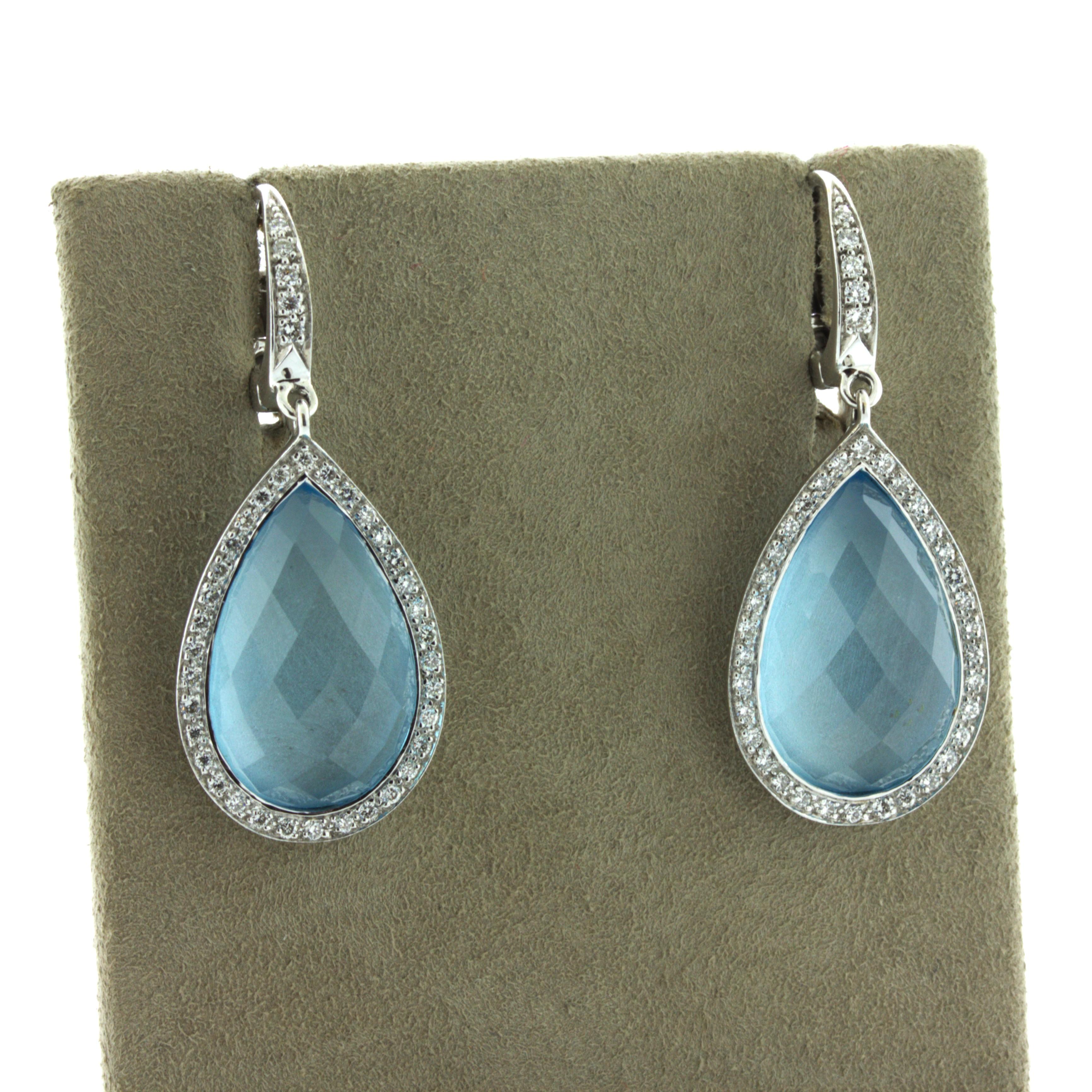 Blue Topaz Diamond Halo 18k White Gold Drop Earrings In New Condition For Sale In Beverly Hills, CA