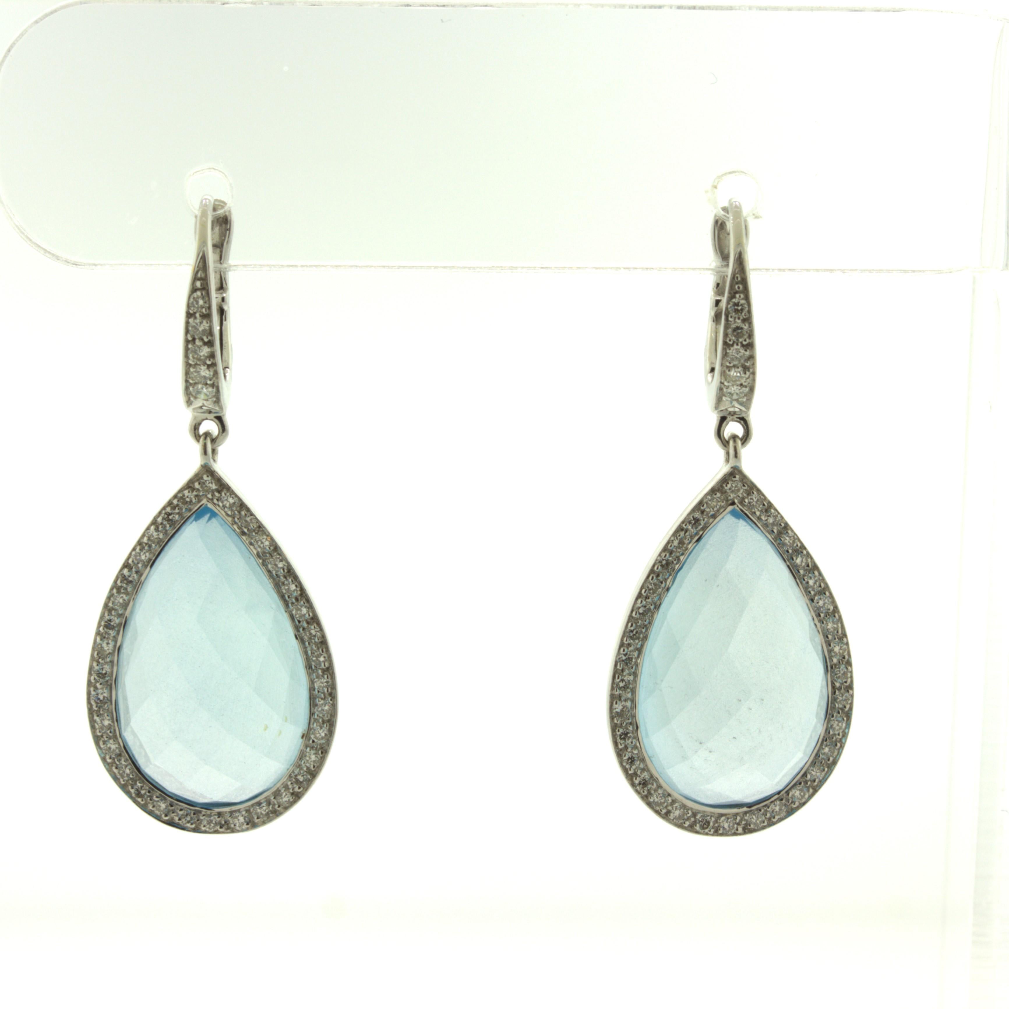 Men's Blue Topaz Diamond Halo 18k White Gold Drop Earrings