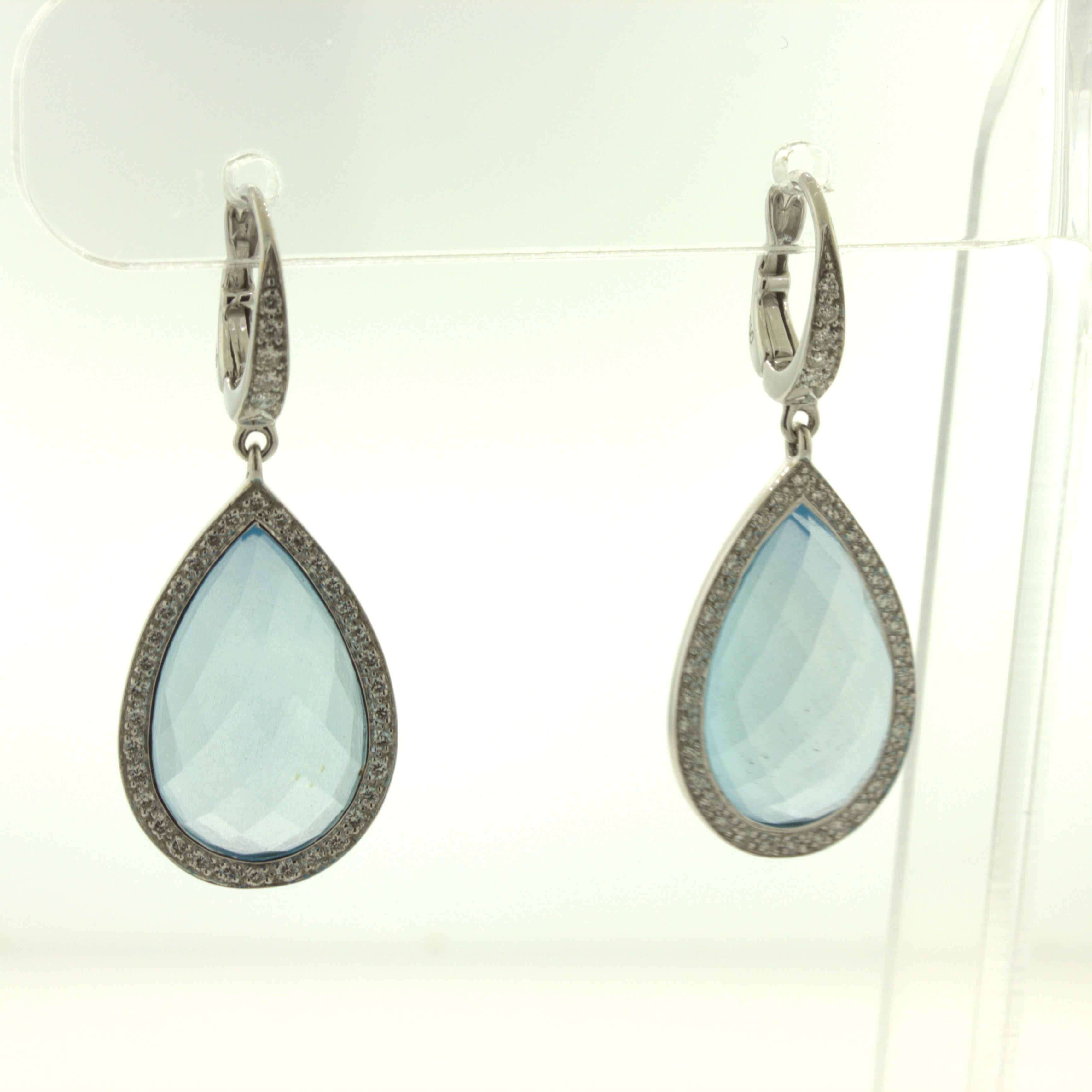 Blue Topaz Diamond Halo 18k White Gold Drop Earrings For Sale 1